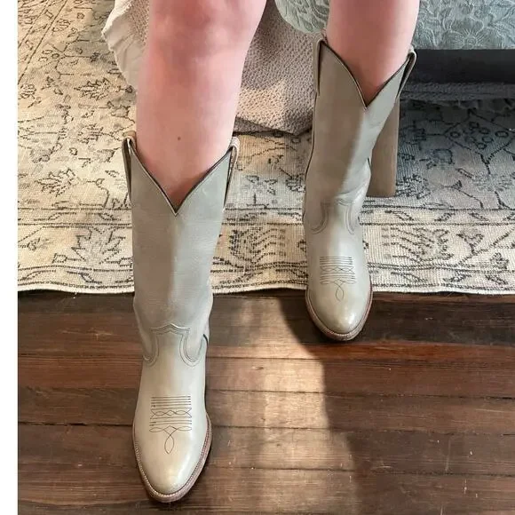 Frye Vintage Taupe Tan Leather Almond Toe Mid Calf Cowgirl Boots 9.5 - Picture 10 of 11